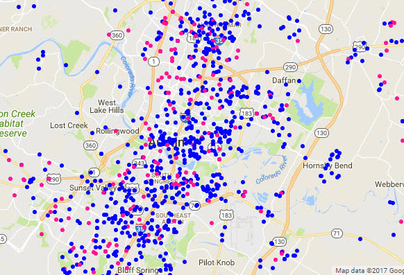 Google scatter map of dogs and cats in Austin